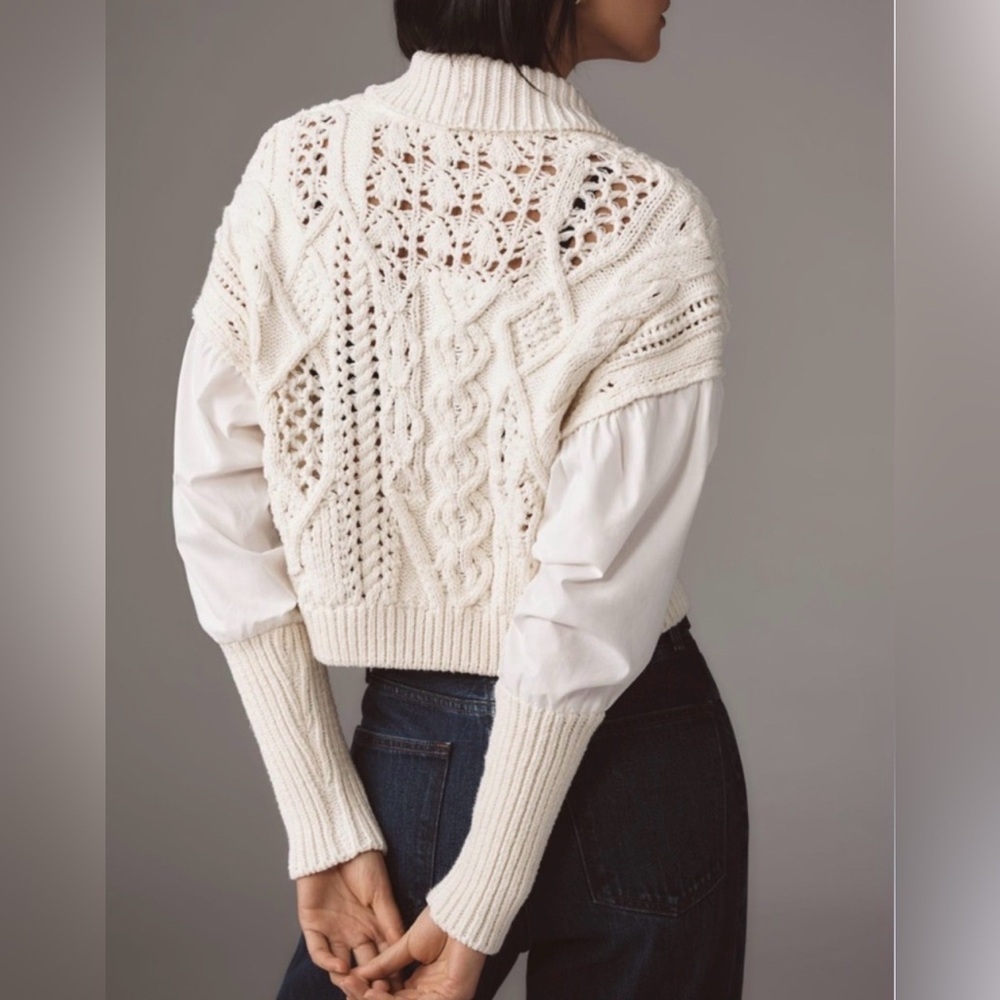 ANTHROPOLOGIE S Romantic Fisherman Poet Sleeve Crop Cable Knit Bohemian Sweater - Picture 2 of 16